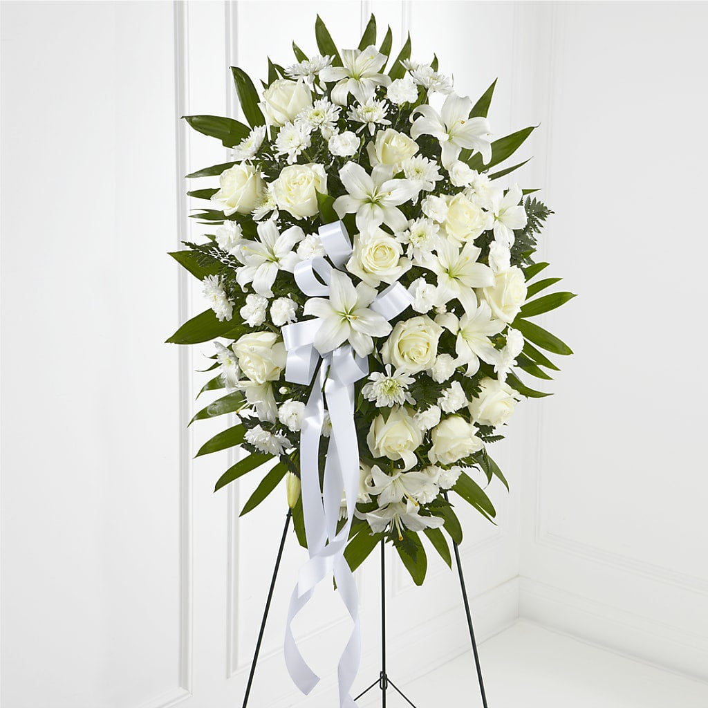 Exquisite Tribute Standing Spray-White Ribbon – Jewel, Itasca IL